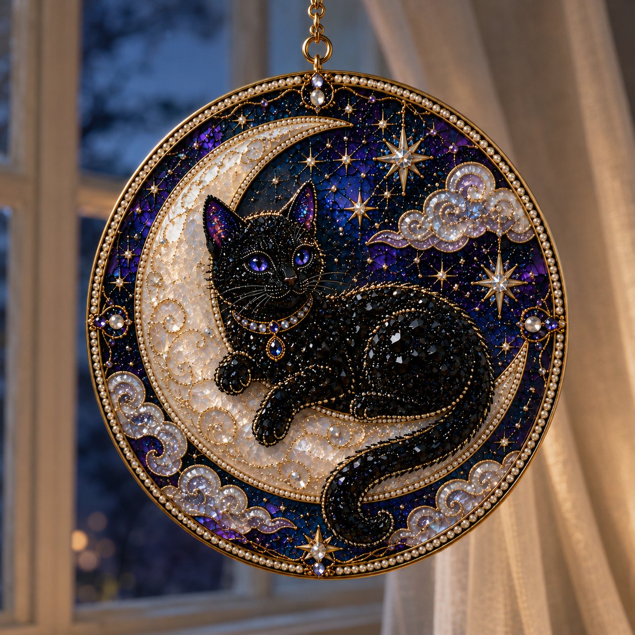 🌙🐈‍⬛ LAST DAY 49% OFF – ✨ Premium 3D Pearl Celestial Black Cat Window Hanging Kit | Luxury Flocked Canvas with Scratch-Resistant Non-Fading Pearl Beads DIY Handmade Moonlight Suncatcher Decor 🔮💎