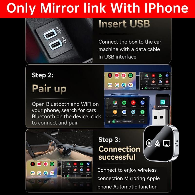 🔥2026 Upgrade 3 in 1 Wireless Support Carplay Mirror Link Adapter Instant Wired to Wireless Conversion Plug & PlayMini Stable Design for Wired  Support Carplay, Support AirPlay