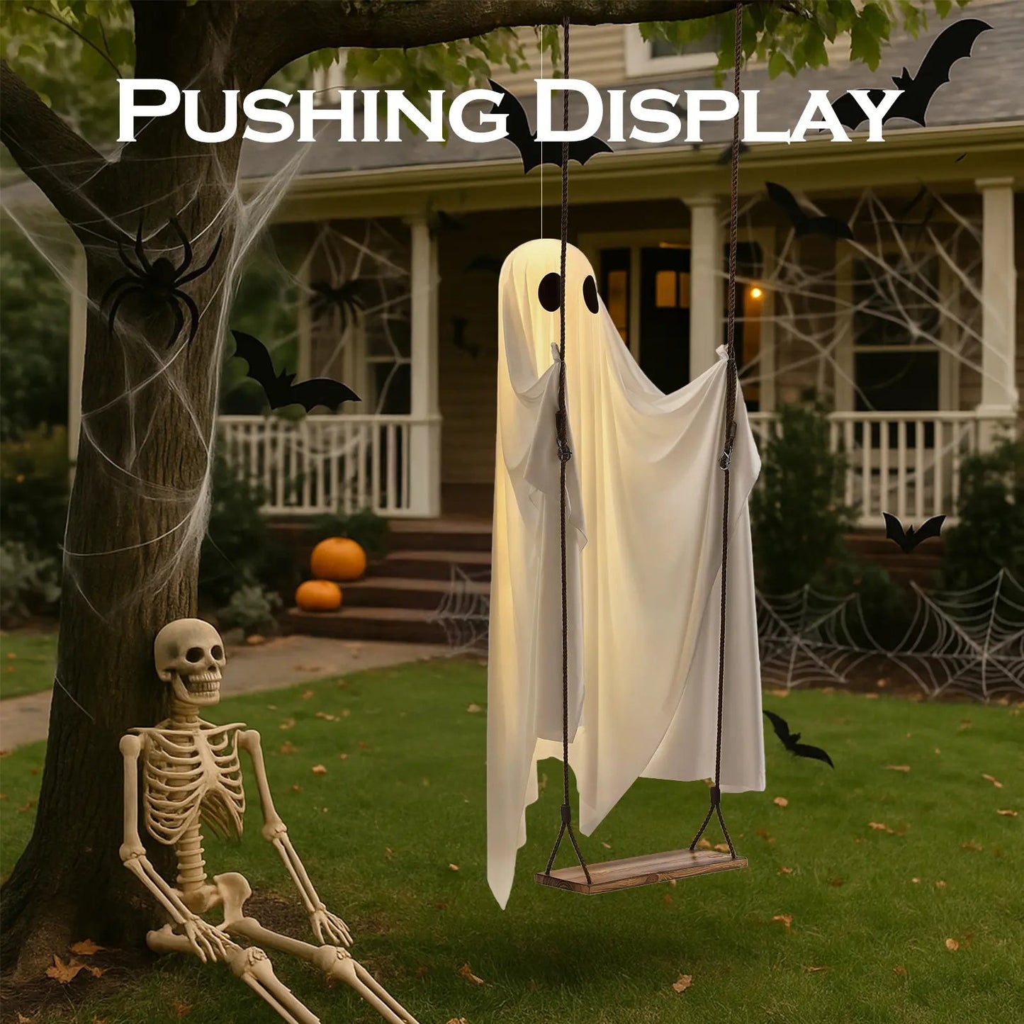 🔥Last Day 59% OFF🔥5FT Giant Lighted Halloween Ghost Swing – Create A Spooky Yard Scene