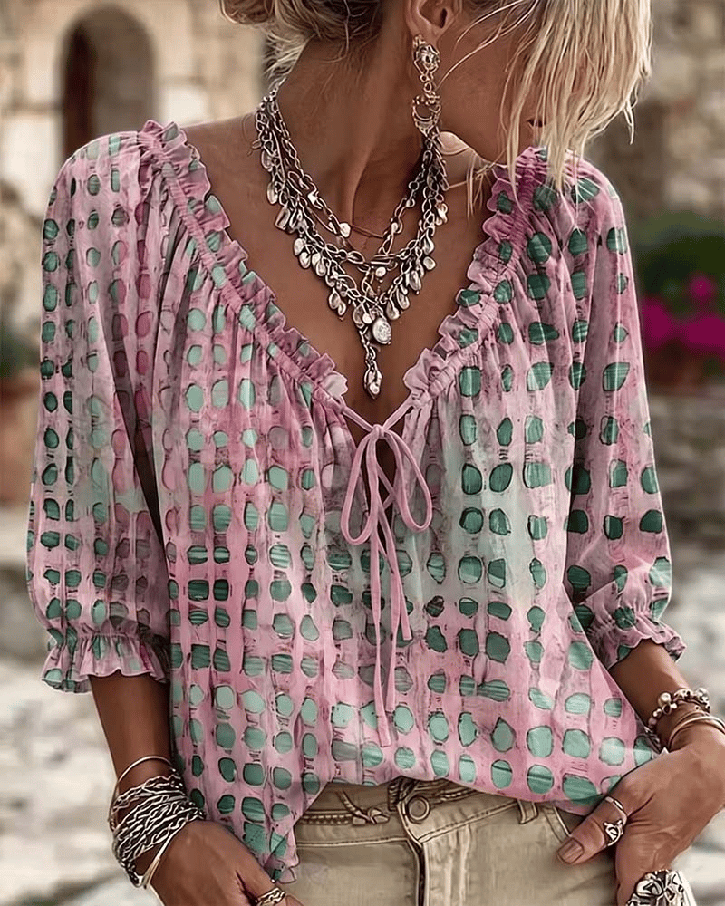 Women 3/4 Sleeve V-Neck Polka Dot Lace Up Blouse