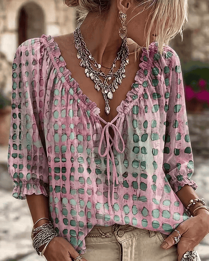 Women 3/4 Sleeve V-Neck Polka Dot Lace Up Blouse