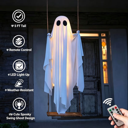 🔥Last Day 59% OFF🔥5FT Giant Lighted Halloween Ghost Swing – Create A Spooky Yard Scene