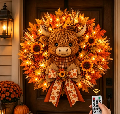 🍁🐮 Today Only 49% OFF🔥 Autumn Highland Cow Wreath | Charming Front Door Decor for Fall