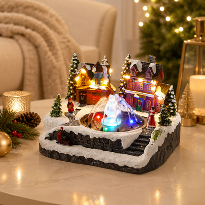 🌲Musical Christmas Village Water Fountain – Rotating LED Lighted Snow Scene Music Box