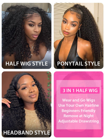 CurlyMe 3 In 1 Half Wig Afro Kinky Curly Glueless Install Half Wig With Draw-string Beginner Friendly