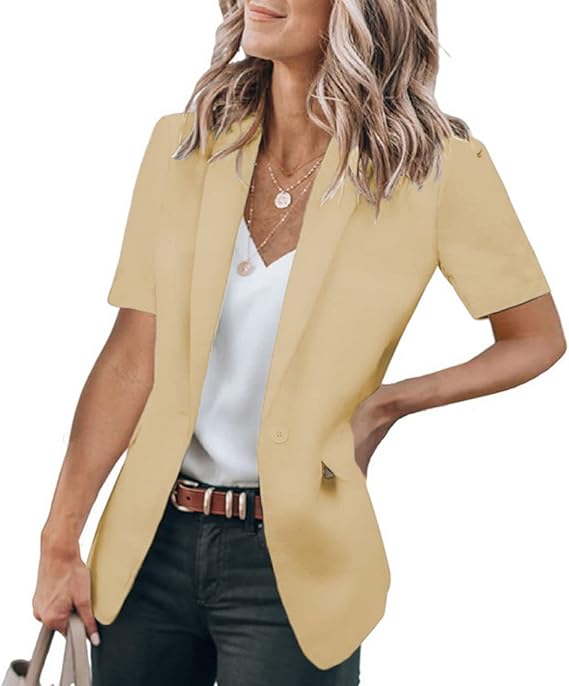 Women's Short Sleeve Casual Blazer Lapel Open Front Work Office Jacket