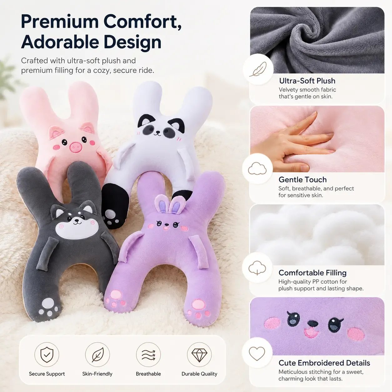 🐷Kids Car Neck Pillow - Soft Plush Pig Design, Car Seat Attachment