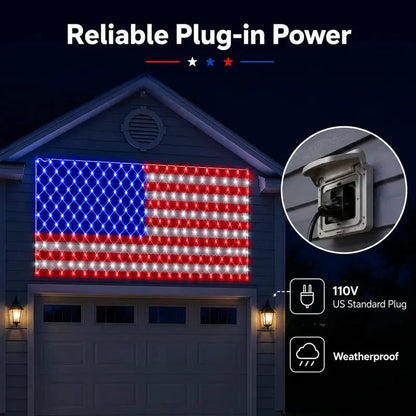Solar American Flag Net Lights – Waterproof Outdoor LED Patriotic Decorations for 4th of July & Memorial Day