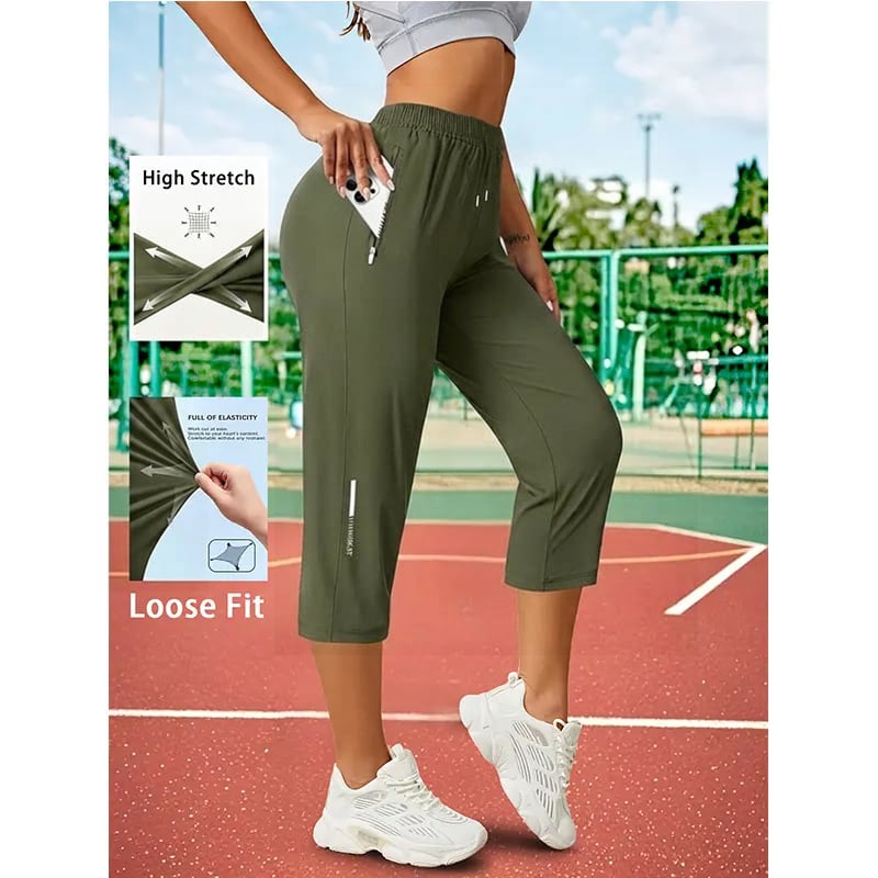 Women’s Capri Pants – Loose Fit, Summer Drawstring Waist, Zipper Pockets, Breathable High-Stretch Fabric, Suitable for Everyday Wear