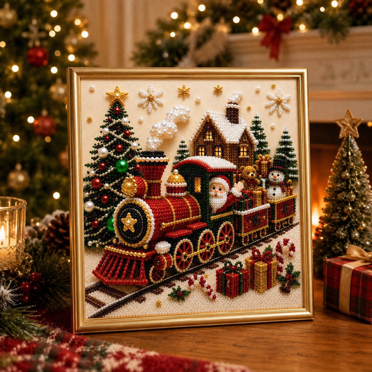 🎄🎅 Premium 3D Pearl Christmas Wall Art Kit | Luxury Flocked Canvas with Scratch-Resistant Non-Fading Pearl Beads DIY Holiday Decor ⛄️❄️