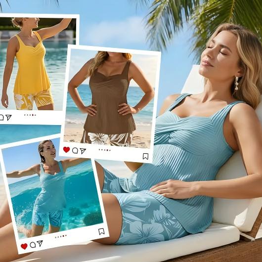 🔥🔥🔥Two-piece Body Covering Surplice Tankini Printed Boxer Swimsuit-6 colors🤩
