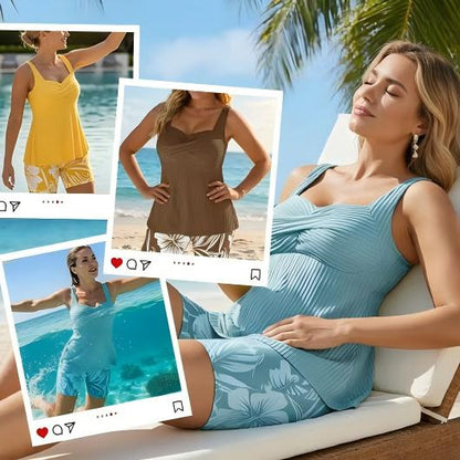 🔥🔥🔥Two-piece Body Covering Surplice Tankini Printed Boxer Swimsuit-6 colors🤩