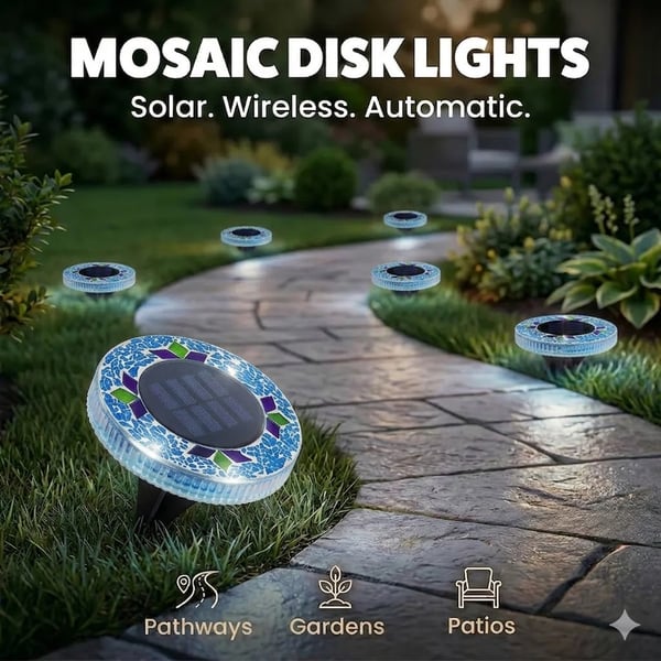 Solar Disk Lights – Handcrafted Mosaic Outdoor LED Waterproof In-Ground & Tabletop Wireless Lighting