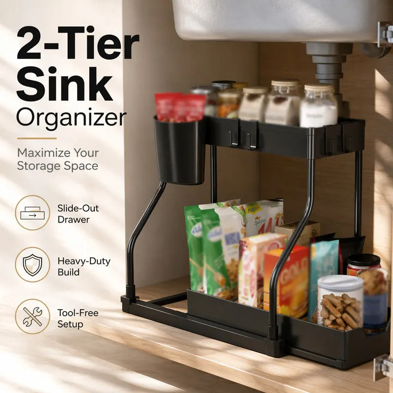 🧺 Pull Out Under Sink Organizer, 2-Tier Kitchen & Bathroom Storage Caddy