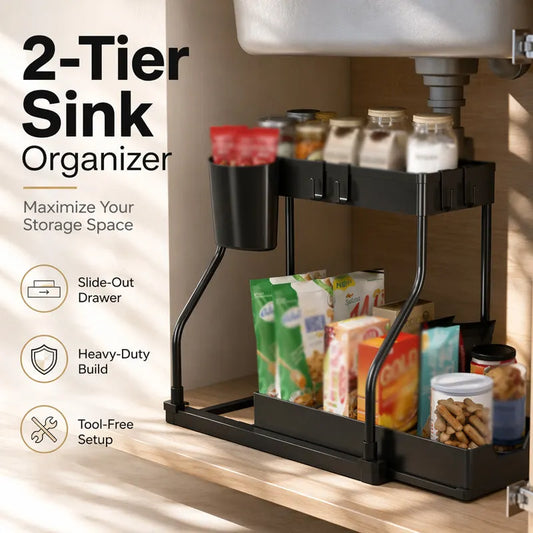 🧺 Pull Out Under Sink Organizer, 2-Tier Kitchen & Bathroom Storage Caddy