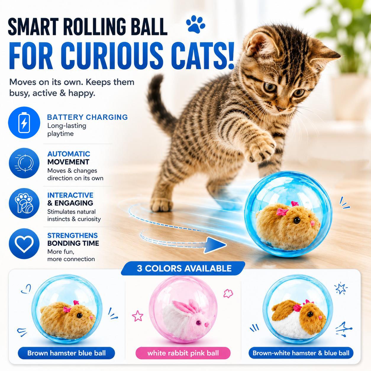 Auto-Rolling Ball with Mouse Hands-Free Play for Indoor Cats