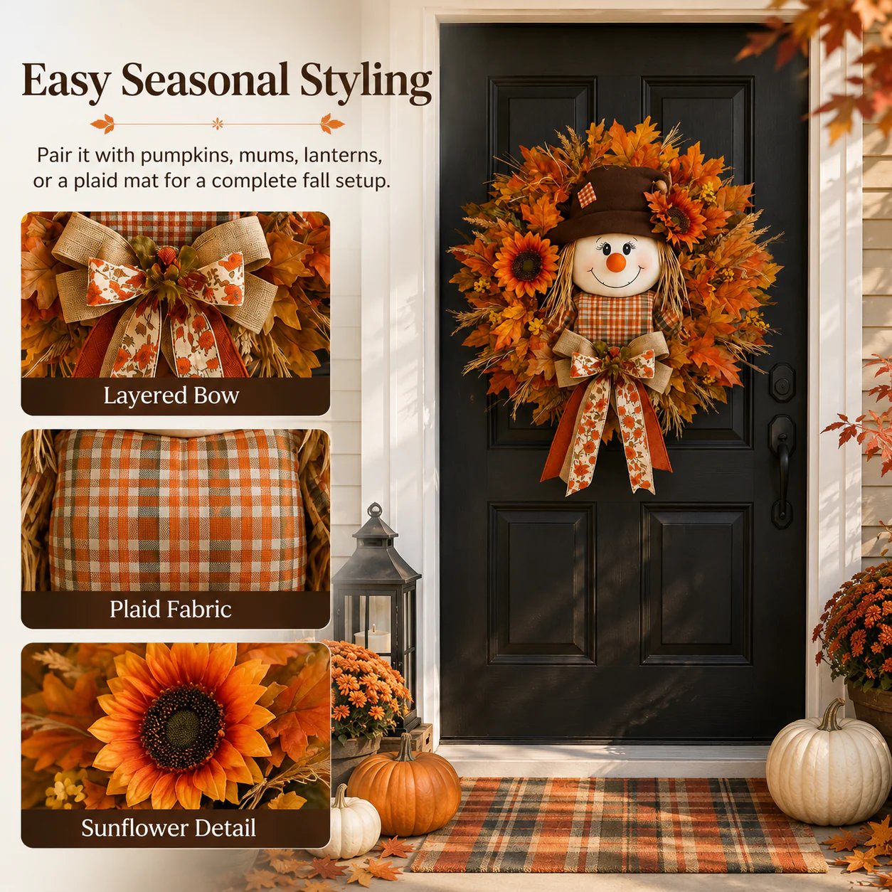 🍂🌻Lighted Scarecrow Fall Wreath for Front Door