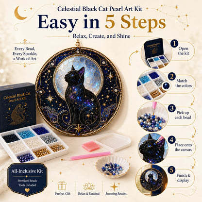 🌙🐈‍⬛ LAST DAY 49% OFF – ✨ Premium 3D Pearl Celestial Black Cat Window Hanging Kit | Luxury Flocked Canvas with Scratch-Resistant Non-Fading Pearl Beads DIY Handmade Moonlight Suncatcher Decor 🔮💎