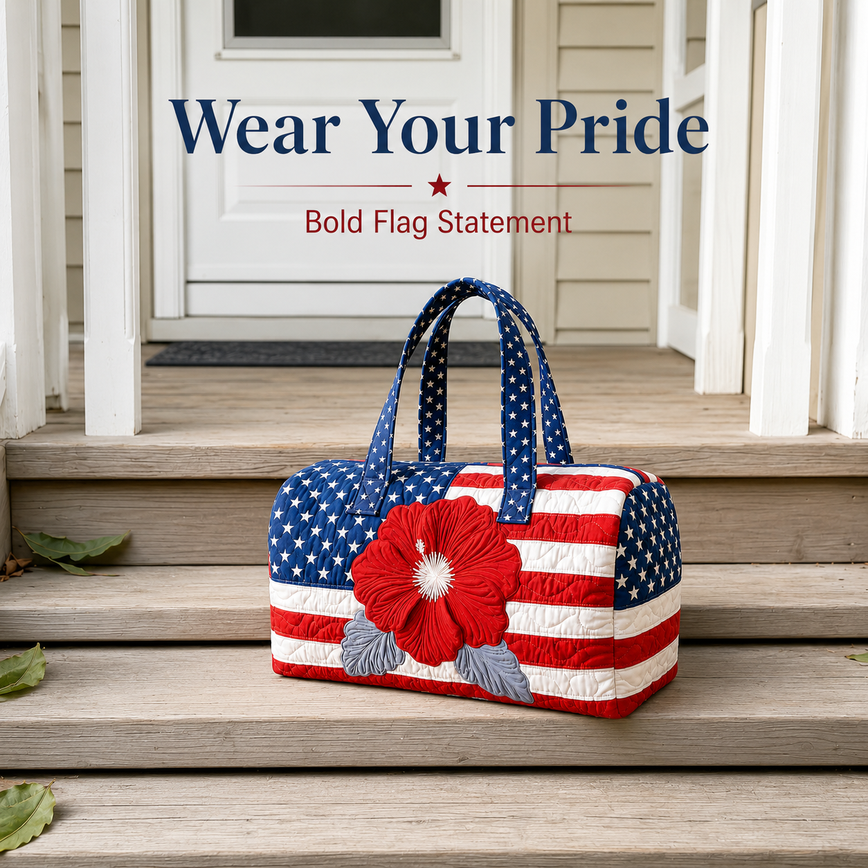 🔥Limited time 55% OFF 🇺🇸🧵 Handcrafted Patriotic Quilted Tote Bag – 3D Floral American Flag Travel Duffel