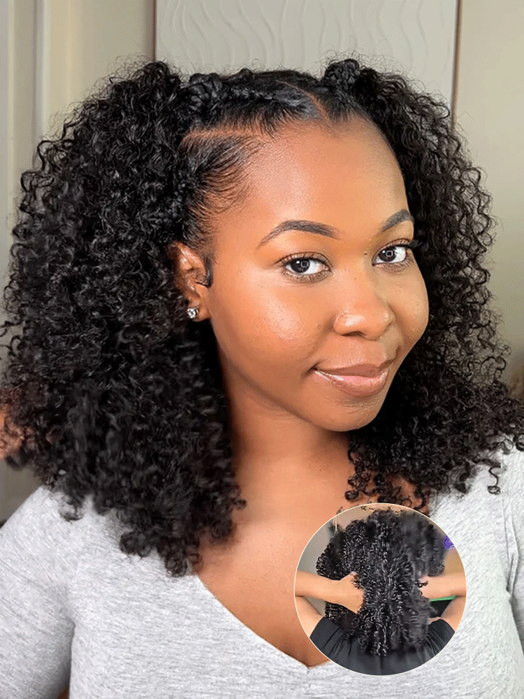 CurlyMe 3 In 1 Half Wig Afro Kinky Curly Glueless Install Half Wig With Draw-string Beginner Friendly