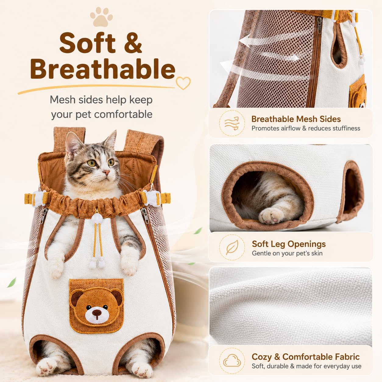 Cute Bear Design Front Pet Carrier Backpack, Breathable Adjustable Hands-Free Travel Chest Bag for Cats Small Dogs Walking Shopping Vet Visits