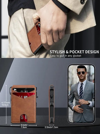⚡70K+ SOLD!-Wallet for Men - with Pop Up Aluminum Case Money Clip Slim Leather Slots Credit Card Holder RFID Blocking Bifold Minimalist Wallet