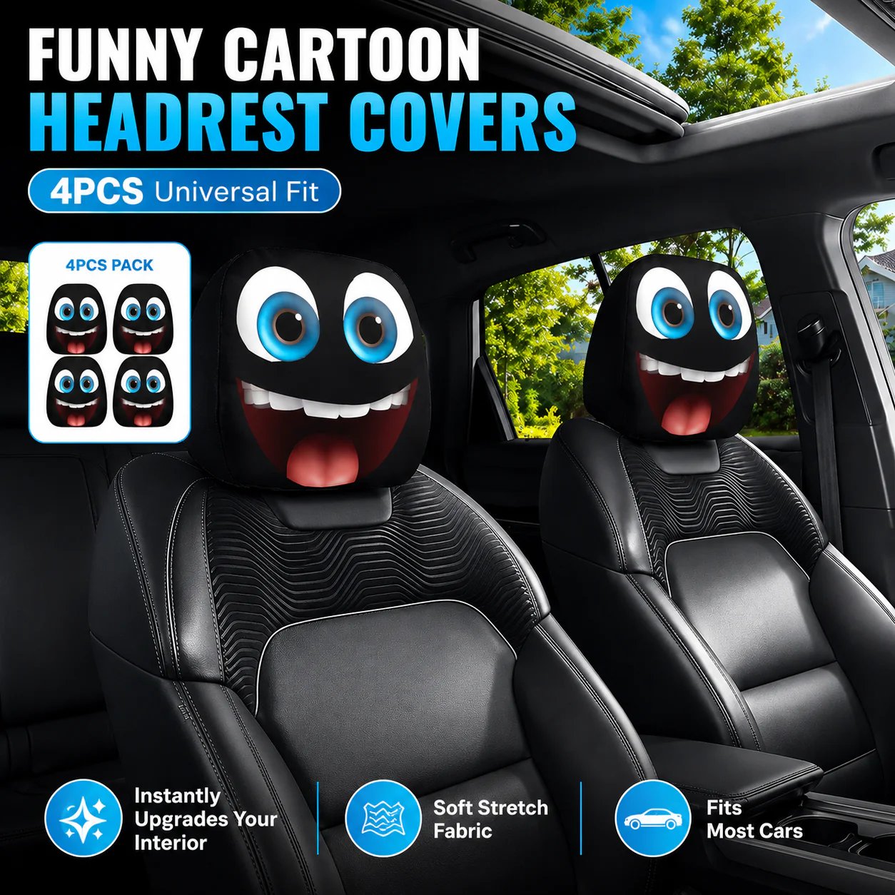 🔥😆 Funny Cartoon Car Headrest Covers – 2PCS Universal Fit 🚗
