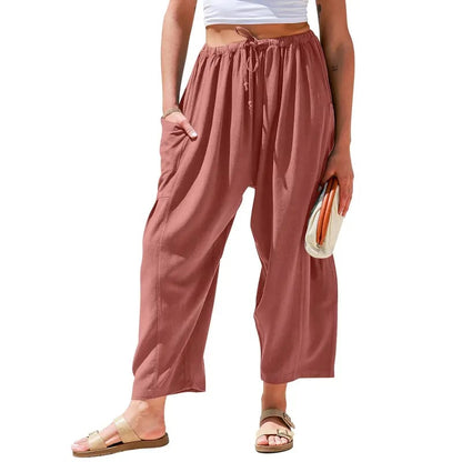 Womens Polyester Wide Leg Pants Casual Loose Fit Beach Palazzo Harem Pants with Pockets Spring Summer Style