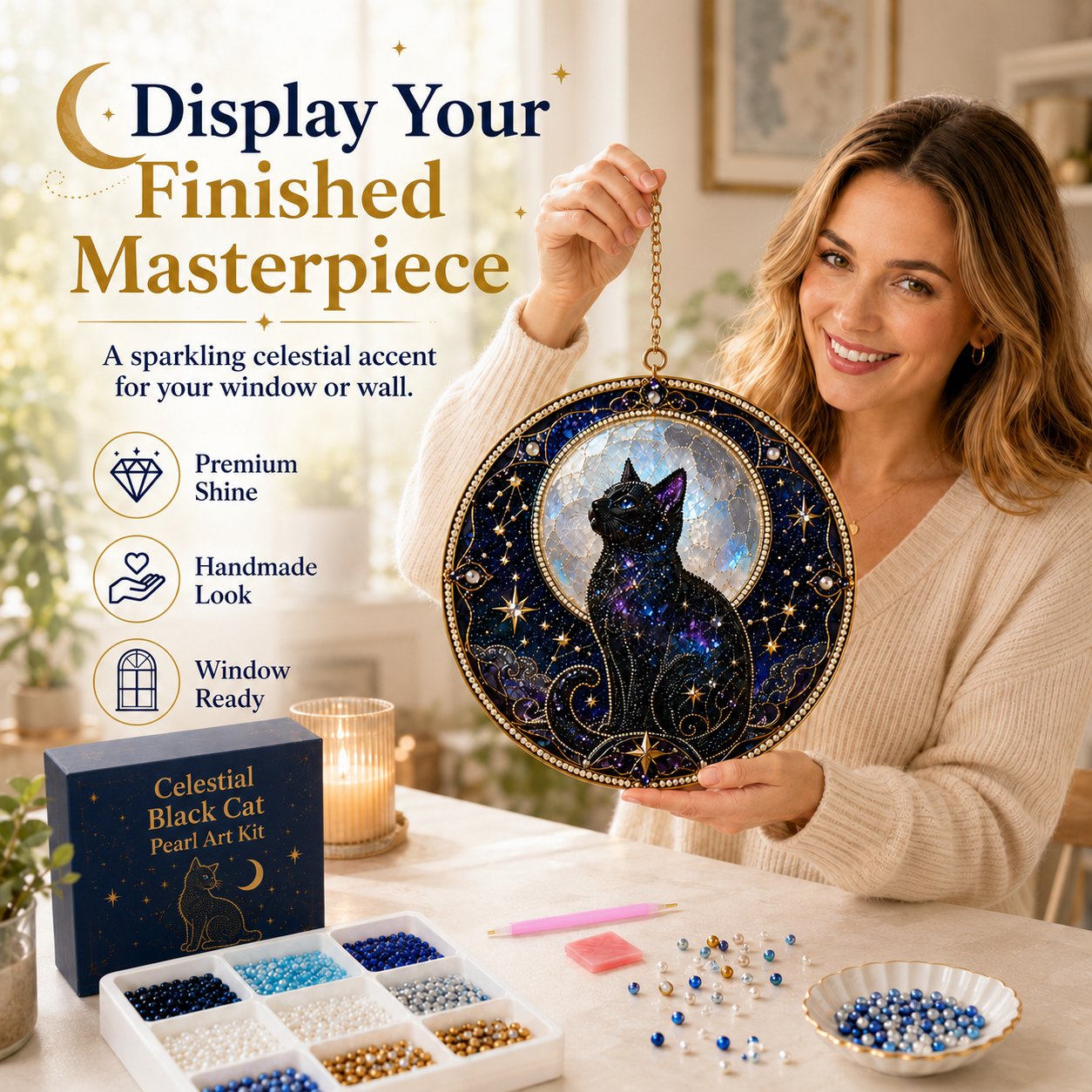 🌙🐈‍⬛ LAST DAY 49% OFF – ✨ Premium 3D Pearl Celestial Black Cat Window Hanging Kit | Luxury Flocked Canvas with Scratch-Resistant Non-Fading Pearl Beads DIY Handmade Moonlight Suncatcher Decor 🔮💎