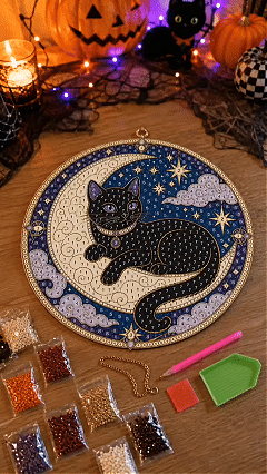 🌙🐈‍⬛ LAST DAY 49% OFF – ✨ Premium 3D Pearl Celestial Black Cat Window Hanging Kit | Luxury Flocked Canvas with Scratch-Resistant Non-Fading Pearl Beads DIY Handmade Moonlight Suncatcher Decor 🔮💎