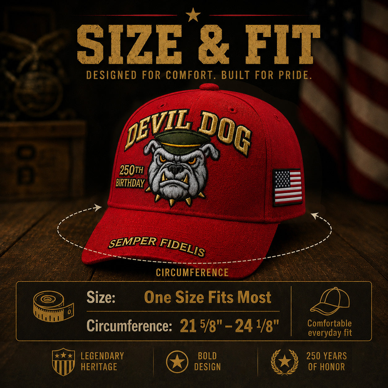 🔥 Father’s Day Sale - ❤️ Handmade Embroidered Devil Dog USMC 250th Birthday Commemorative Cap 🇺🇸