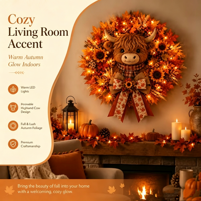 🍁🐮 Today Only 49% OFF🔥 Autumn Highland Cow Wreath | Charming Front Door Decor for Fall