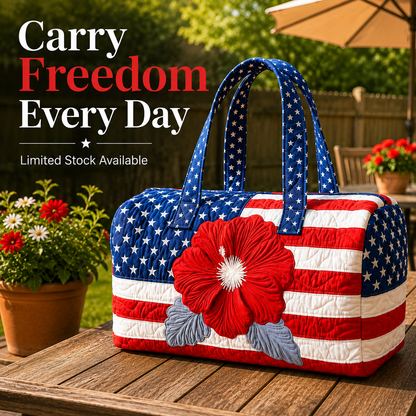 🔥Limited time 55% OFF 🇺🇸🧵 Handcrafted Patriotic Quilted Tote Bag – 3D Floral American Flag Travel Duffel