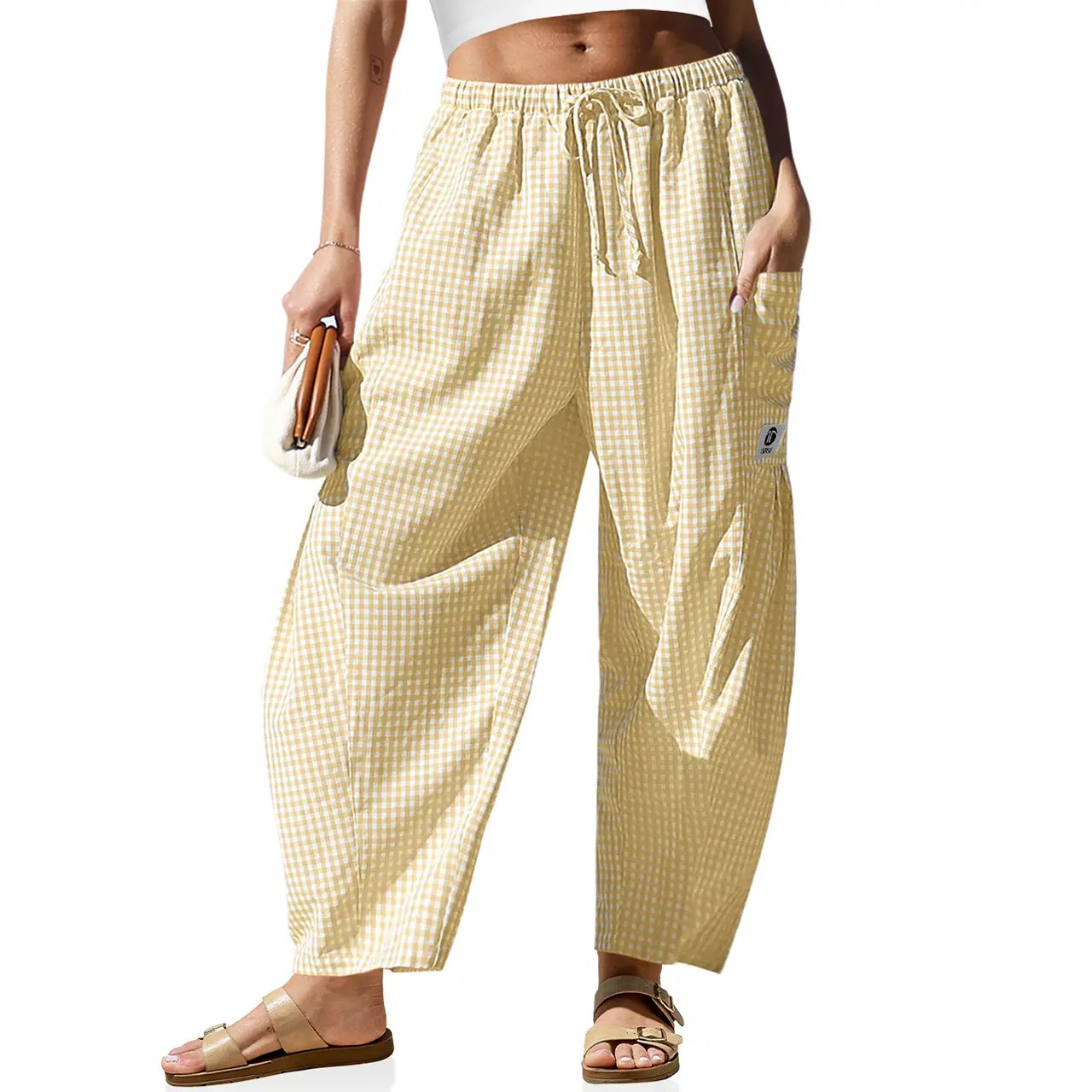 Womens Wide Leg Gingham Striped Plaid Pants Casual Barrel Loose Drawstring Low Waist Palazzo Harem Pants with Pockets
