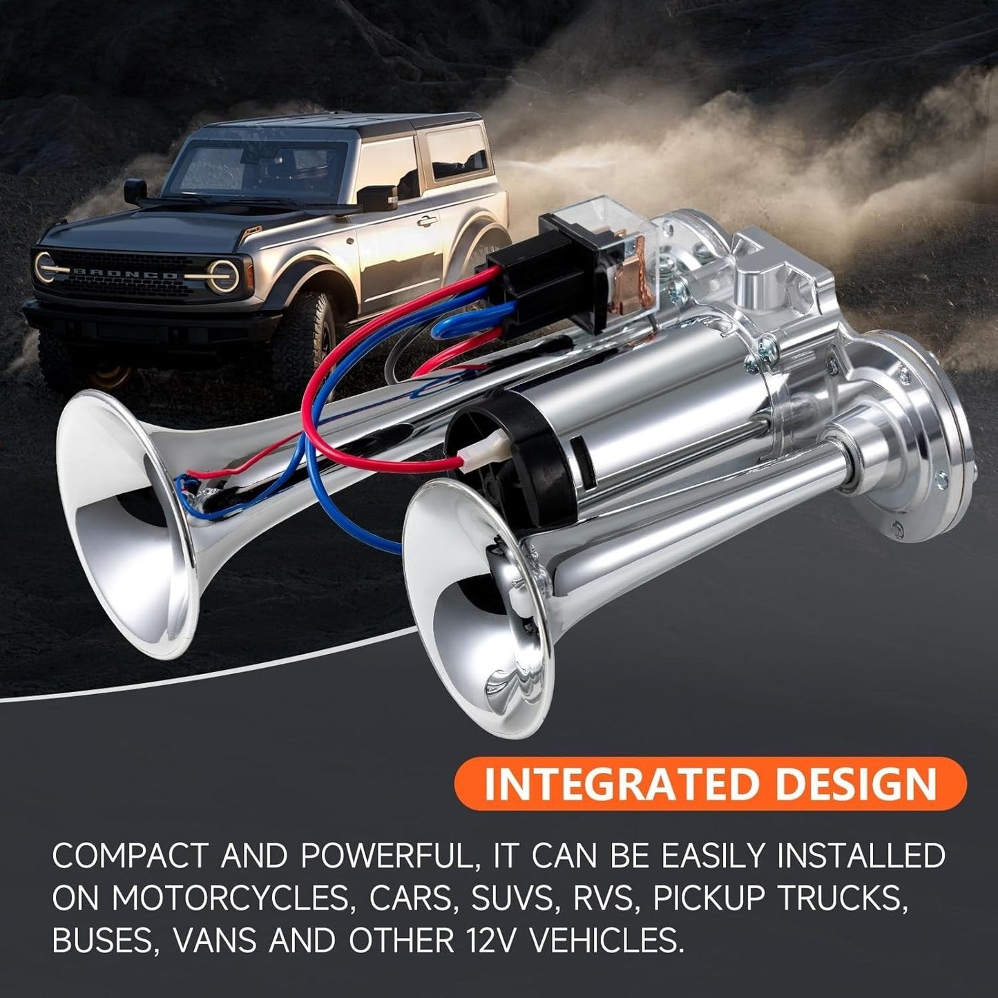 🔥LAST DAY 49% OFF - 🚗🔧2026 Upgraded 12V Dual Air Horn Kit – 130DB Super Loud Dual Horn with Compressor for Cars, Trucks, SUVs, Boats & More