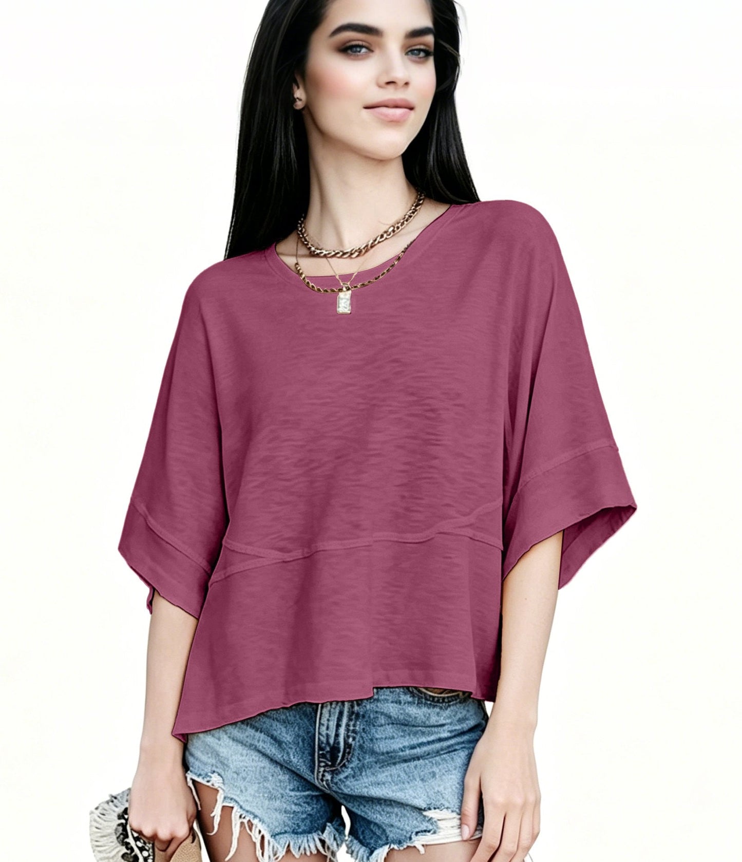 Women's Summer Casual Crewneck Batwing Half Sleeve T-Shirts Solid Color Loose Fit Cute Basic Flowy Tops Tees Blouses