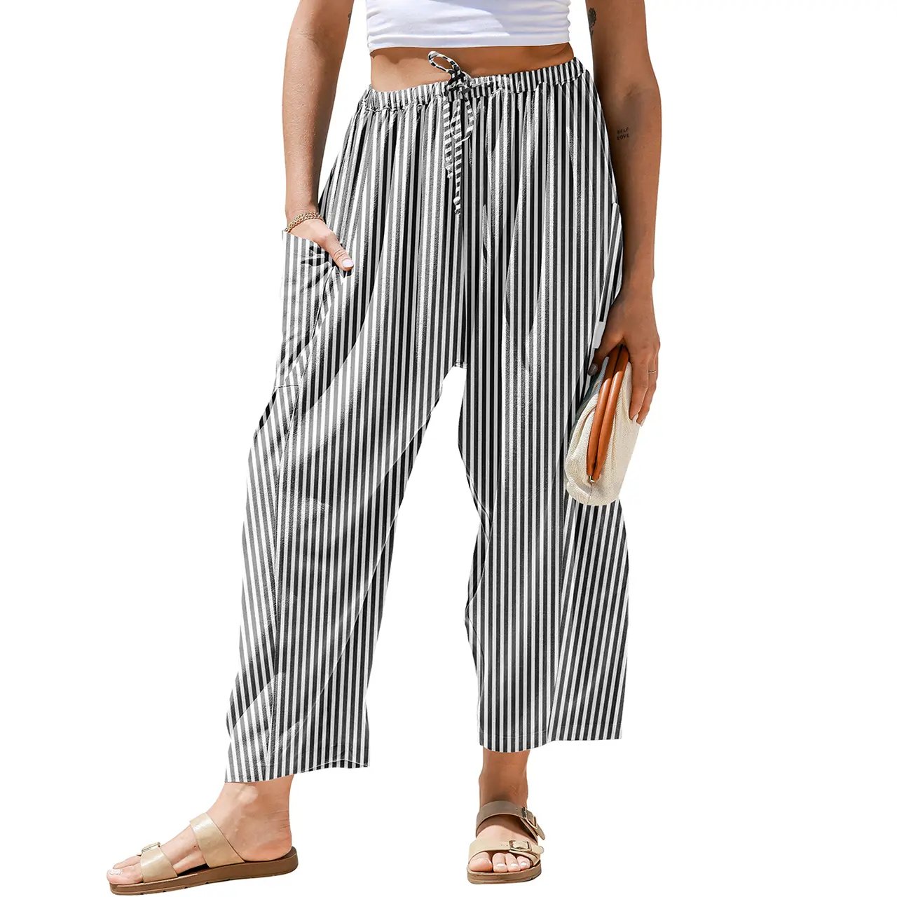 Womens Wide Leg Gingham Striped Plaid Pants Casual Barrel Loose Drawstring Low Waist Palazzo Harem Pants with Pockets