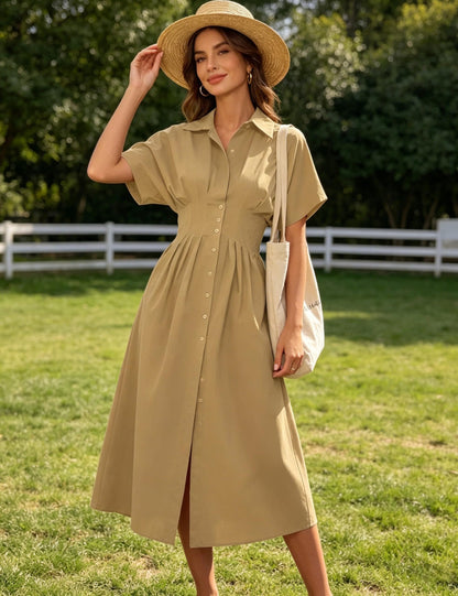 Shirt Dress for Women Summer Casual Short Sleeve Button Down Loose Pleated Maxi Sundress with Pockets
