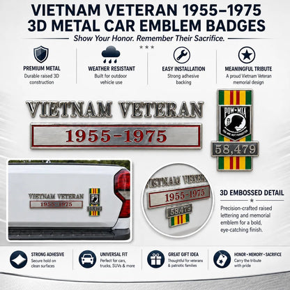 🇺🇸 Vietnam Veteran 1955–1975 Memorial Car Emblem Metal Badge