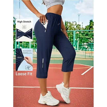 Women’s Capri Pants – Loose Fit, Summer Drawstring Waist, Zipper Pockets, Breathable High-Stretch Fabric, Suitable for Everyday Wear