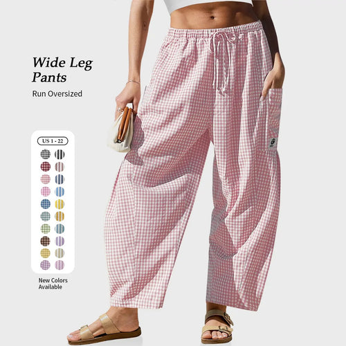 Womens Wide Leg Gingham Striped Plaid Pants Casual Barrel Loose Drawstring Low Waist Palazzo Harem Pants with Pockets