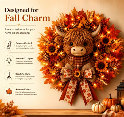 🍁🐮 Today Only 49% OFF🔥 Autumn Highland Cow Wreath | Charming Front Door Decor for Fall