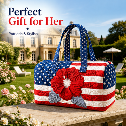 🔥Limited time 55% OFF 🇺🇸🧵 Handcrafted Patriotic Quilted Tote Bag – 3D Floral American Flag Travel Duffel