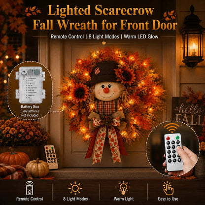 🍂🌻Lighted Scarecrow Fall Wreath for Front Door