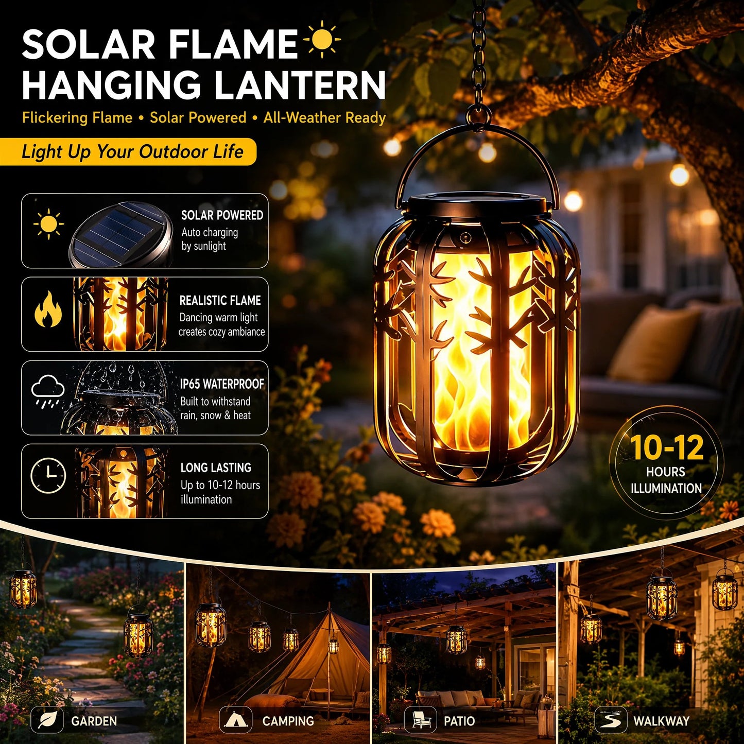 ☀️ Solar Flicker Flame Lantern - Waterproof & Automatic - Realistic warm light, perfect for patios, gardens or paths - no cable needed 🌙