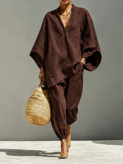 Women's Summer Loose Fit Solid Linen Deep V Neck Batwing Sleeve Pants Set
