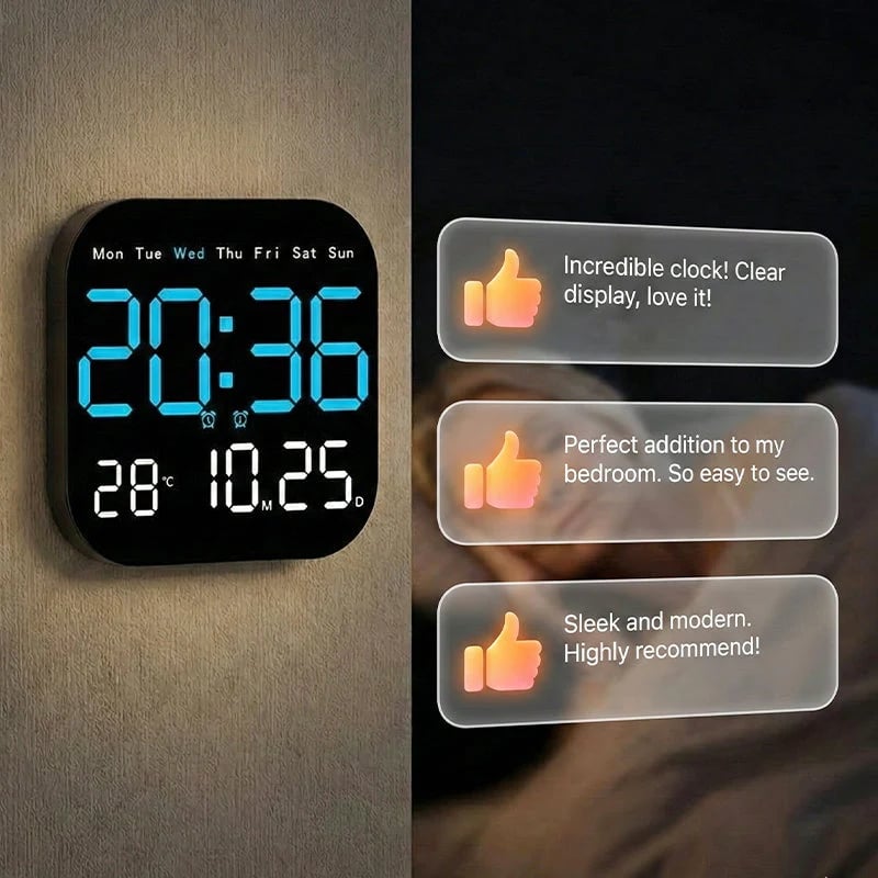 49% OFF ⏰ Modern Multifunctional Digital Clock ✅ Remote Control Adjustable Brightness | Wall Mount/Desk Stand Clock with Date & Temperature