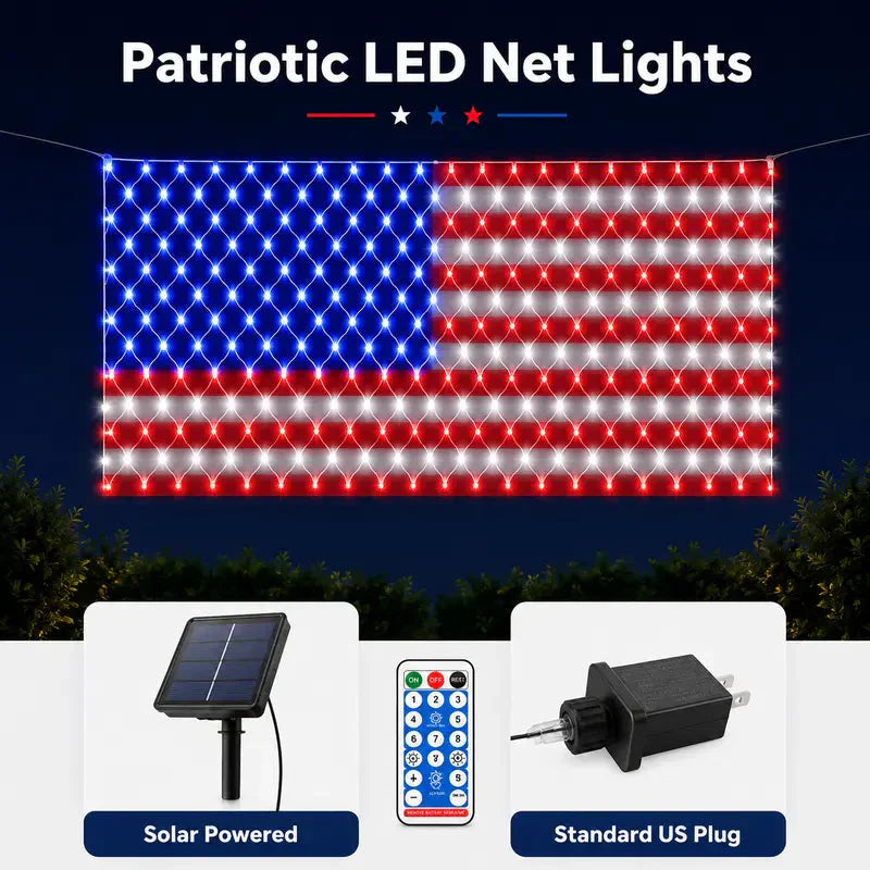 Solar American Flag Net Lights – Waterproof Outdoor LED Patriotic Decorations for 4th of July & Memorial Day