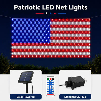 Solar American Flag Net Lights – Waterproof Outdoor LED Patriotic Decorations for 4th of July & Memorial Day