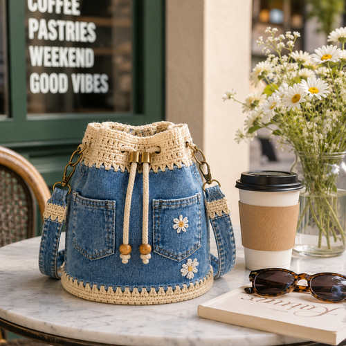 Denim Crochet Bucket Bag